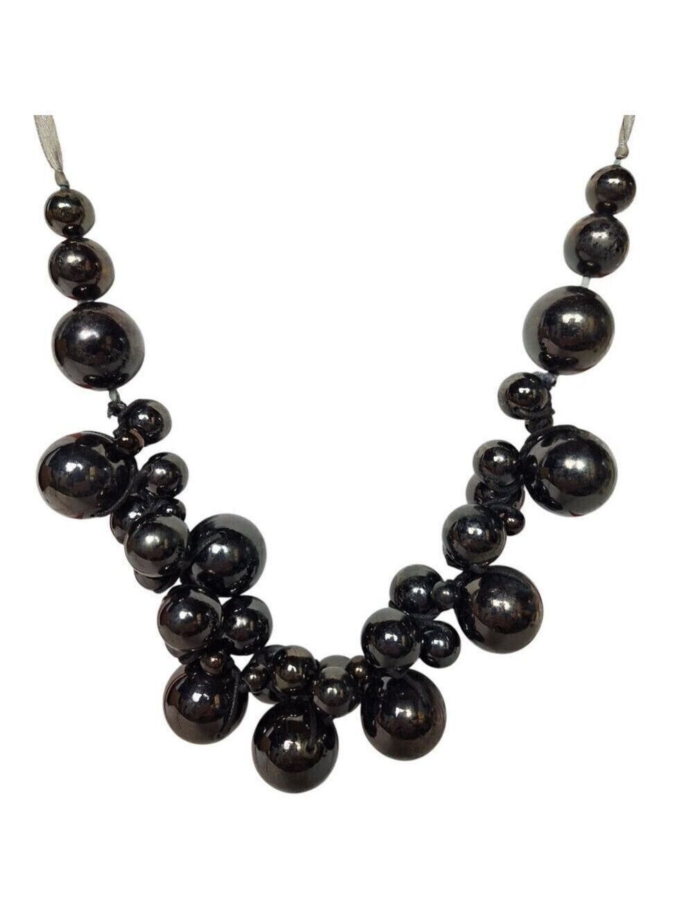 Black Bead Cluster Necklace Gray Ribbon Tie